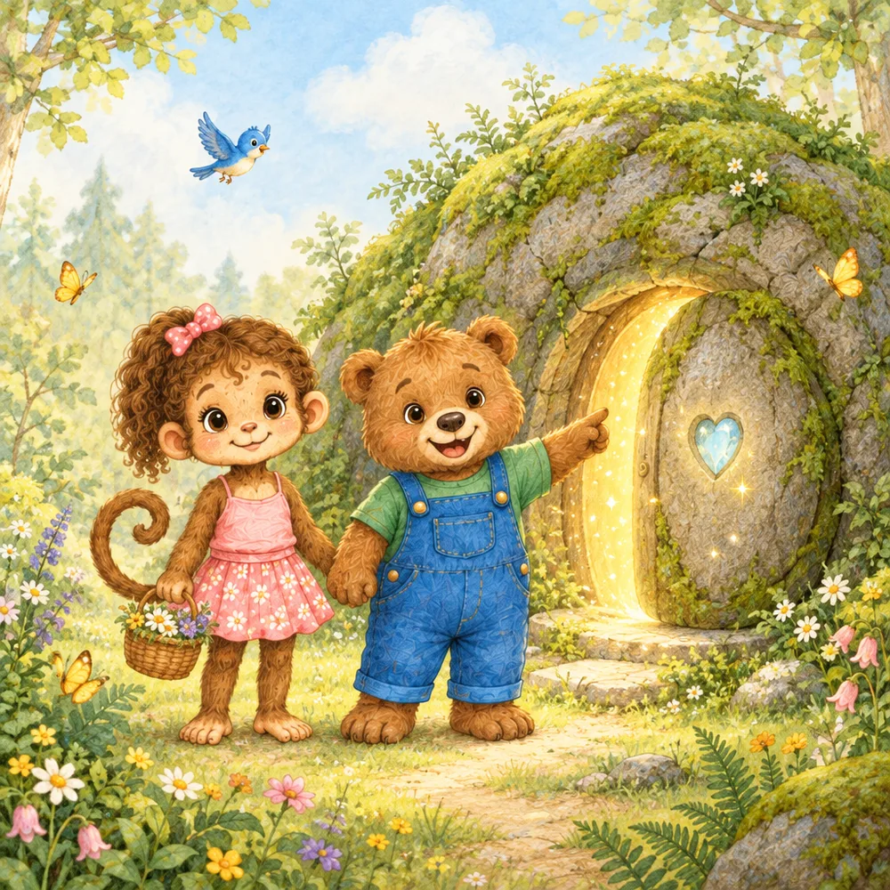 Luu und Leo stehen Hand in Hand vor einem moosigen Felsen, in dem eine leuchtende Tür aufgeht.