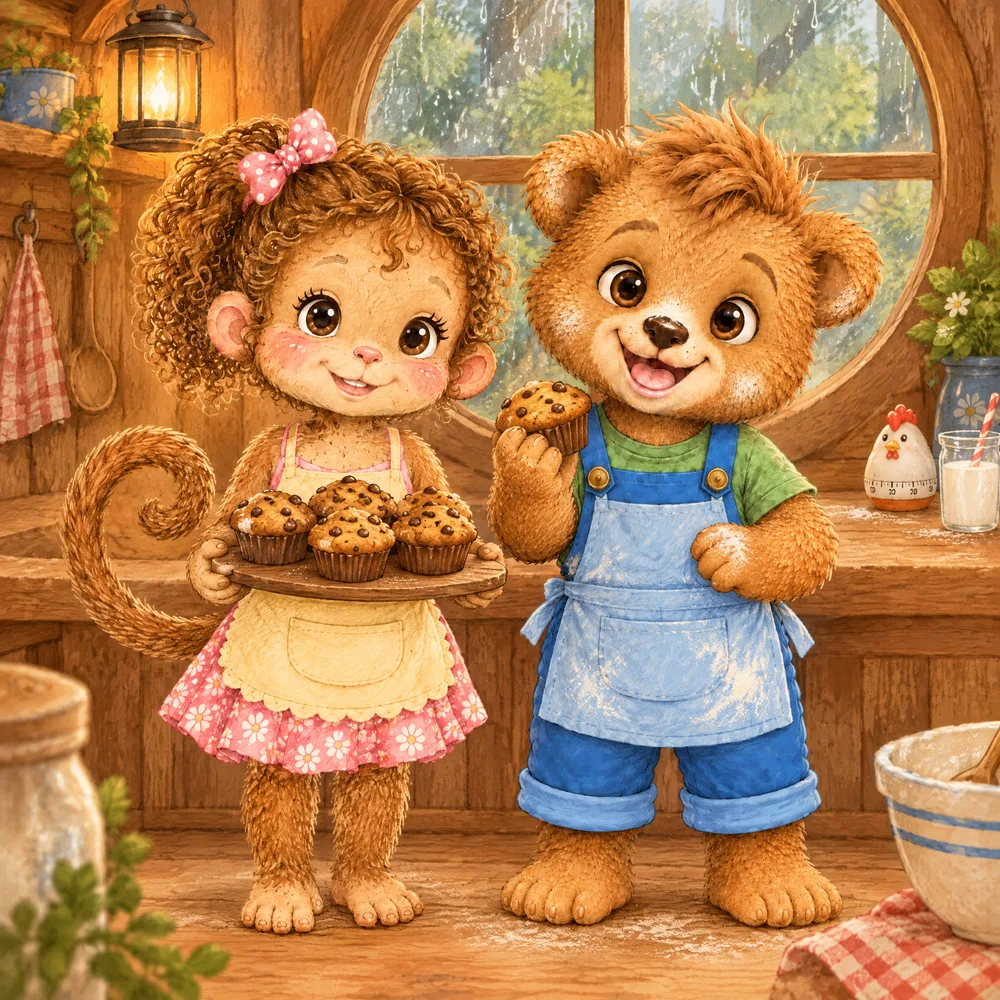 Luu und Leo mit Schürzen in der Baumhausküche, Luu hält ein Brett mit Schokomuffins, draußen regnet es.
