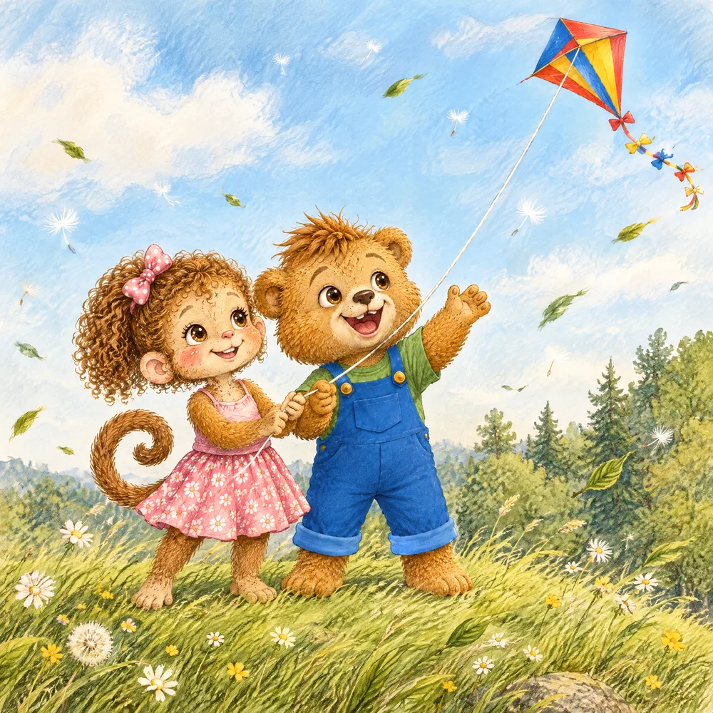 Luu und Leo halten gemeinsam die Schnur eines bunten Drachens, der hoch am blauen Himmel fliegt.