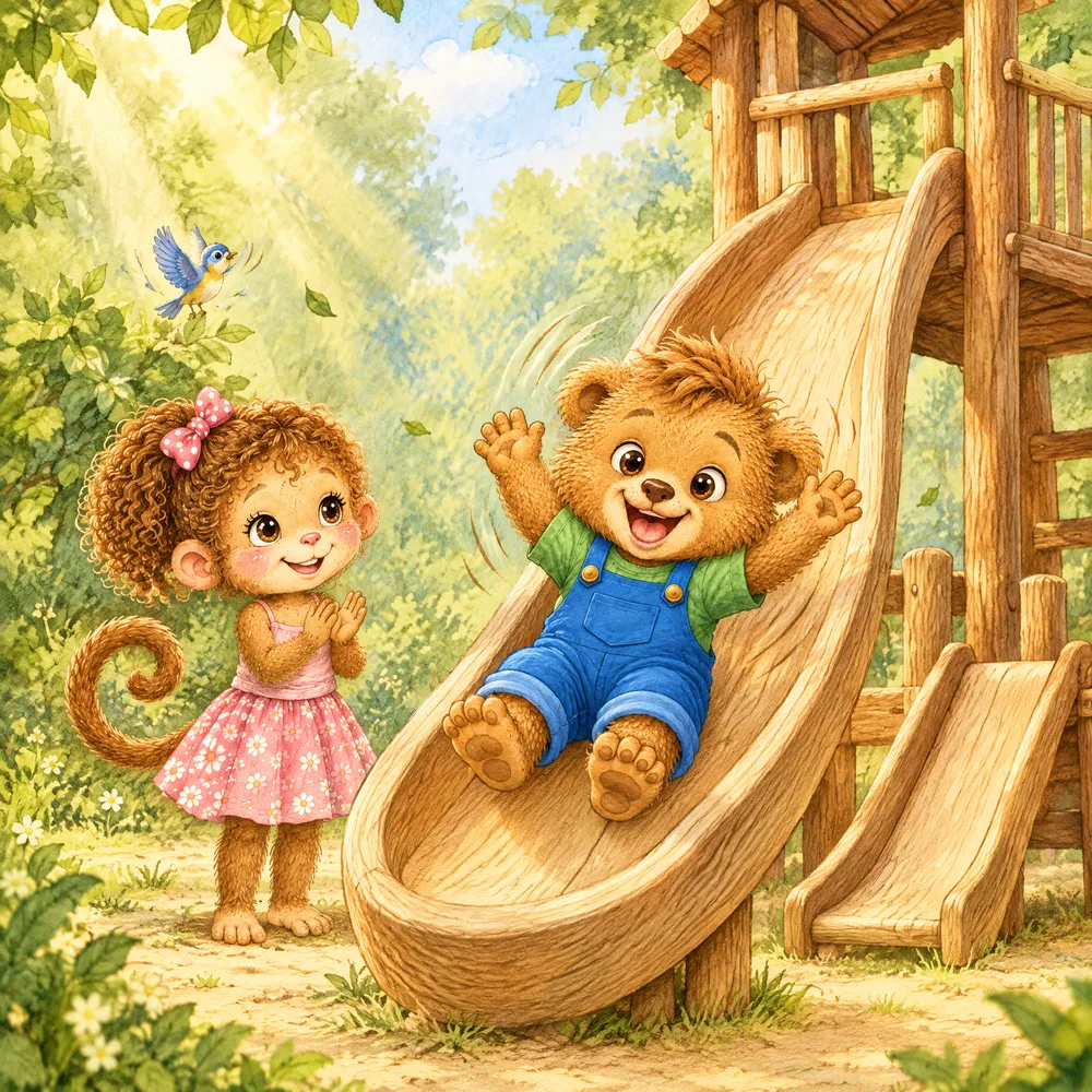 Leo saust jubelnd eine hohe Holzrutsche hinunter, Luu steht unten und klatscht.