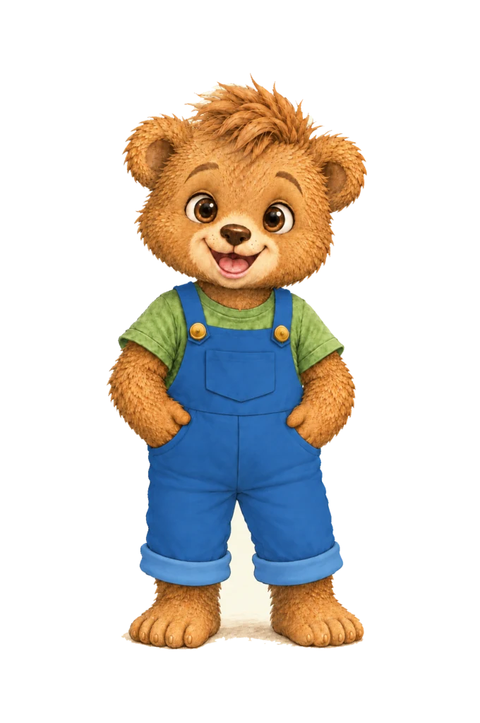 Leo, ein kleiner Bärenjunge mit strubbeligem Haarbüschel, grünem T-Shirt und blauer Latzhose.