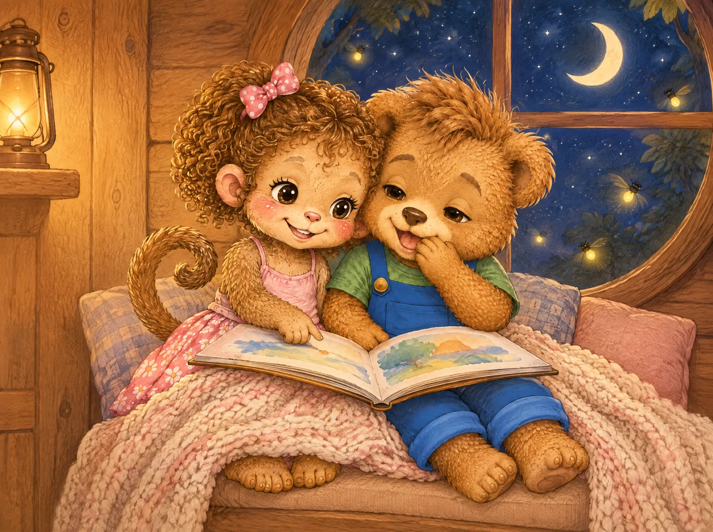 Luu und Leo kuscheln sich abends auf der Fensterbank im Baumhaus unter eine Decke und schauen zusammen ein Bilderbuch an.