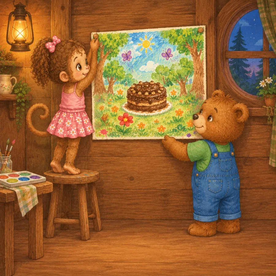 Luu und Leo hängen im Baumhaus ihr gemaltes Bild an die Holzwand.