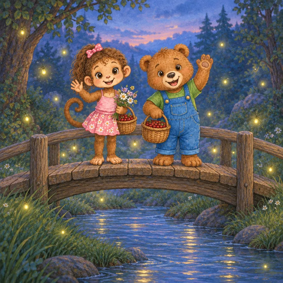 Luu und Leo winken in der Abenddämmerung von der kleinen Holzbrücke über dem Bach.