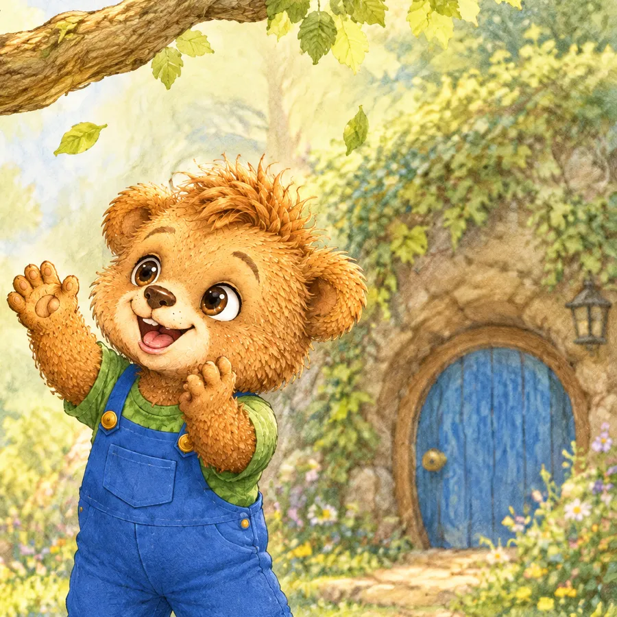 Leo vor der großen Buche, im Hintergrund seine Höhle mit der blauen Tür.