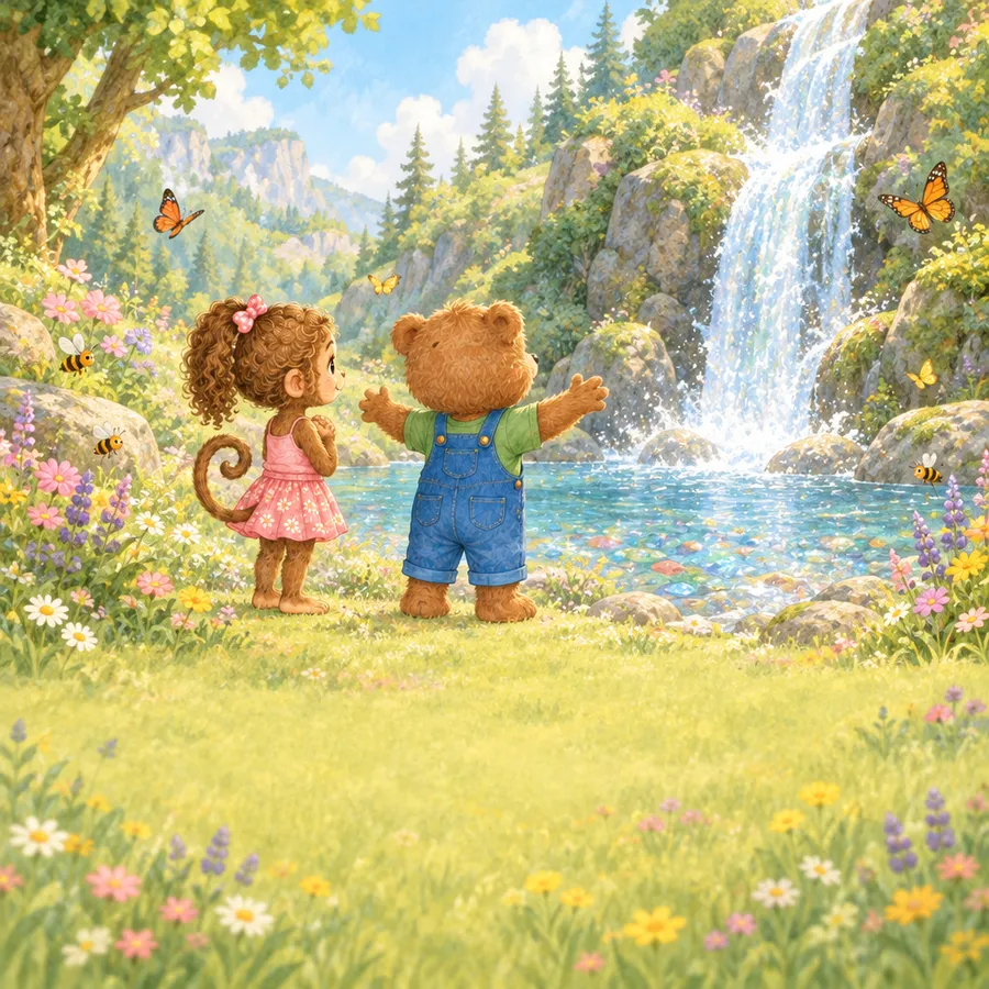 Luu und Leo stehen am Rand einer Blumenwiese mit Wasserfall und kleinem See.